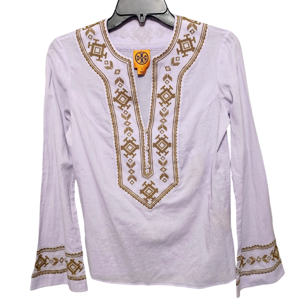 Tory Burch Lilac Purple Embroidered Gold Long Sleeve Cotton Blouse Women Size 4 - Picture 1 of 7